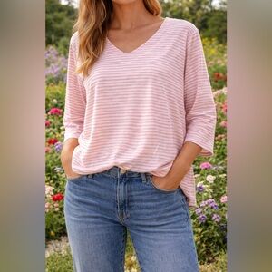 Chico's  Venezian Pink Stripes Tunic Top 3/4 Sleeves Women size XL Comfy Cotton